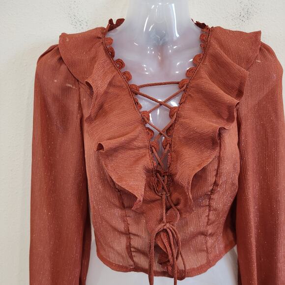 Milk & Honey Glitter Lace Up Ruffle Peasant Blouse Rust Red Side Zip Size Small - Picture 6 of 11